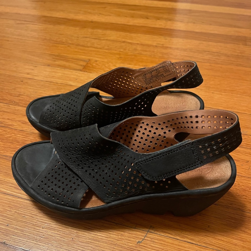 Clark’s black suede wedge